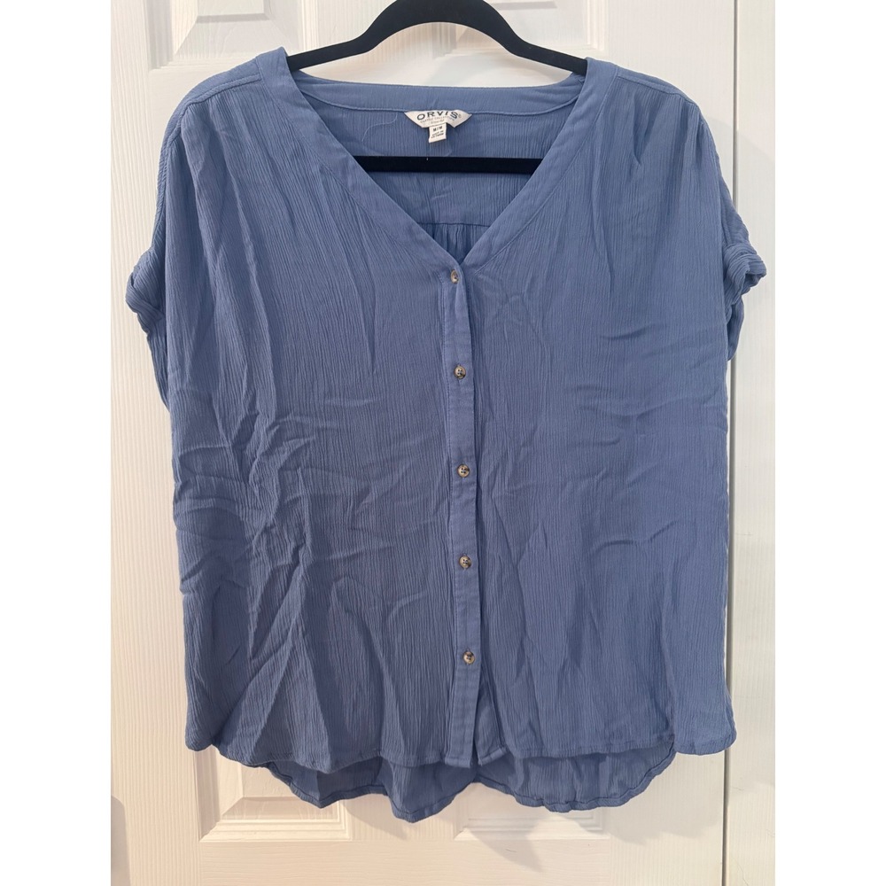 Orvis Classic Collection Blue Crinkle Gauze Button Down V-Neck Blouse Top Medium
